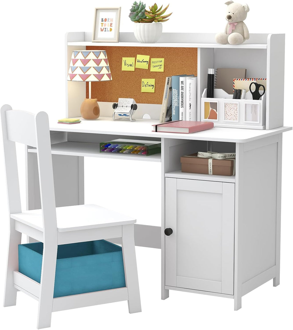 TaoHFE Kids Desk and Chair Set, Kids Desk Chair with Storage and Shelf, Wooden Kids Table and Chairs for Bedroom and Study, Craft Table with Storage Gifts for Boys, Girls to Study, White