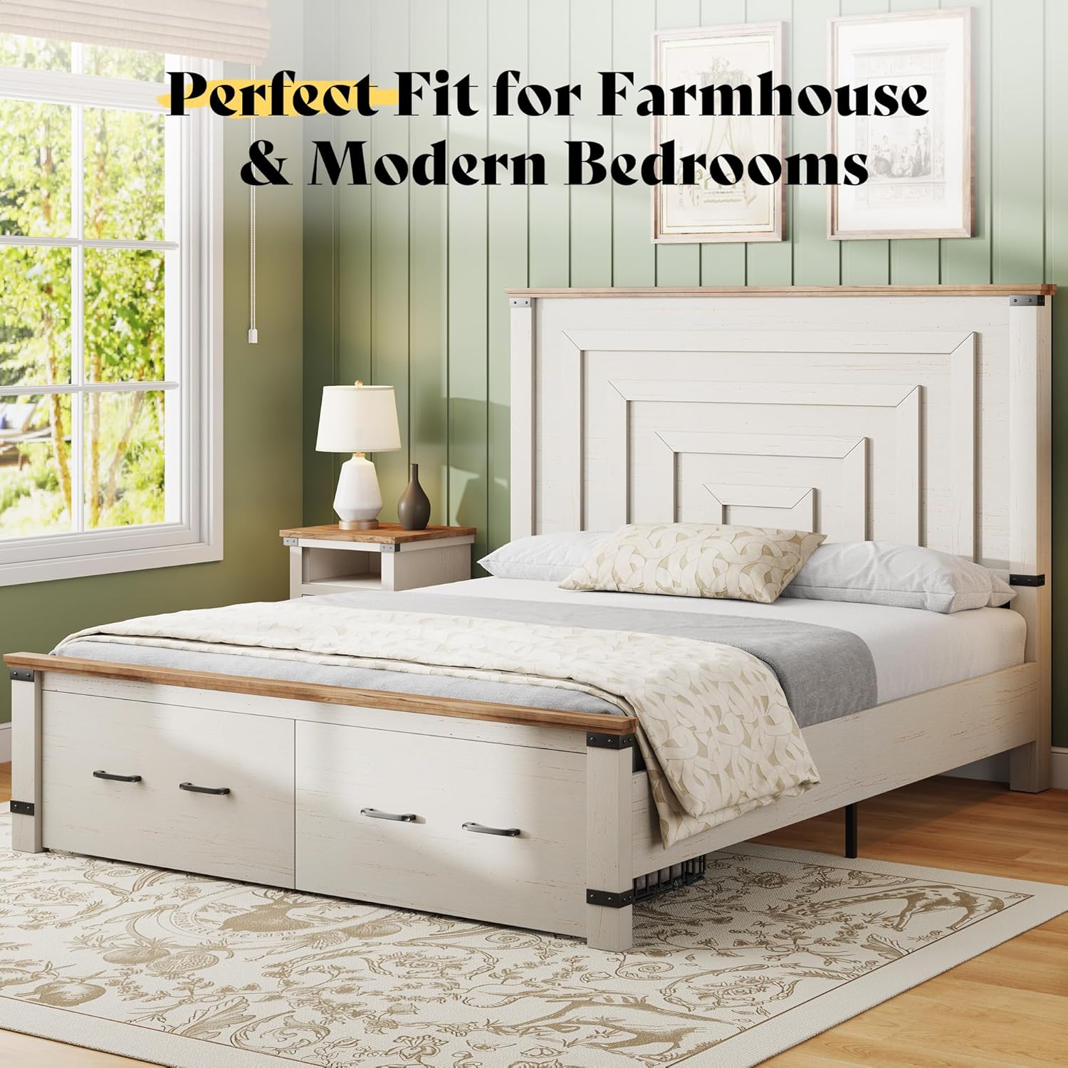 AMERLIFE Queen Bed Frame with Drawers, 54" Tall Headboard, Wood Platform Bed, No Box Spring Needed, Farmhouse Bedframe for Bedroom, Rustic White