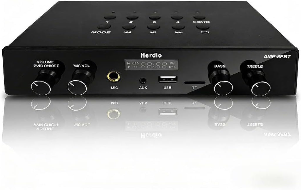 Herdio Bluetooth 5.4 Stereo Audio Amplifier Receiver - 60W Peak Power x 8 Channel with USB/TF/AUX/MIC Inputs, Bass/Treble Control, 4 Zone Independent Power Control for Multi-Room Home Audio System