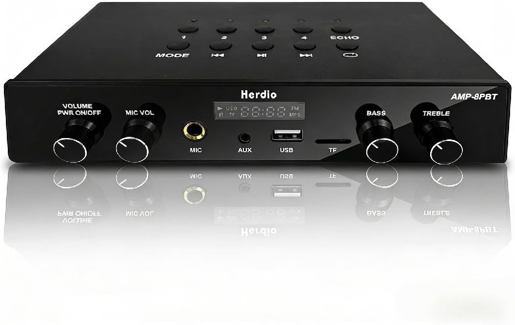 Herdio Bluetooth 5.4 Stereo Audio Amplifier Receiver - 60W Peak Power x 8 Channel with USB/TF/AUX/MIC Inputs, Bass/Treble Control, 4 Zone Independent Power Control for Multi-Room Home Audio System