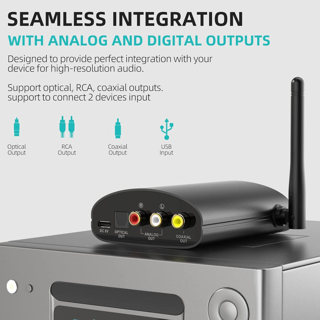 1Mii DS500 Hi-Res Bluetooth 5.3 Receiver, 32-Bit/384kHz Audiophile DAC, Lossless LDAC & aptX HD, OLED Display, Built-in EQ, RCA/Optical/Coaxial Out for Home Stereo, AV Receiver & Amplifier