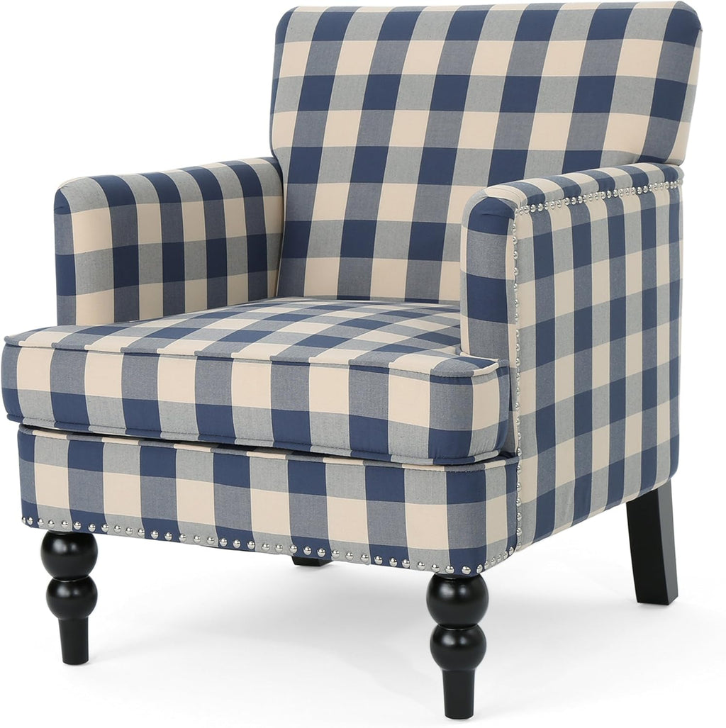 Christopher Knight Home Evete Tufted Fabric Club Chair, Blue Checkerboard, Dark Brown, 32D x 28.75W x 34.5H in