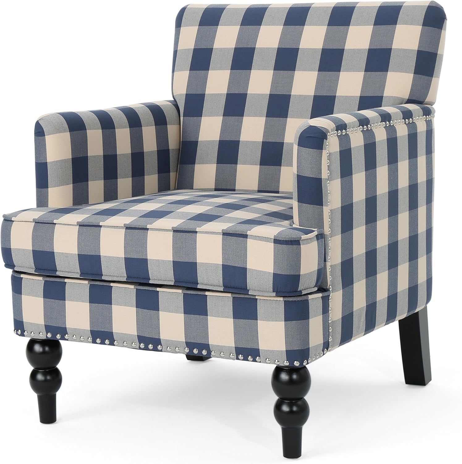 Christopher Knight Home Evete Tufted Fabric Club Chair, Blue Checkerboard, Dark Brown, 32D x 28.75W x 34.5H in