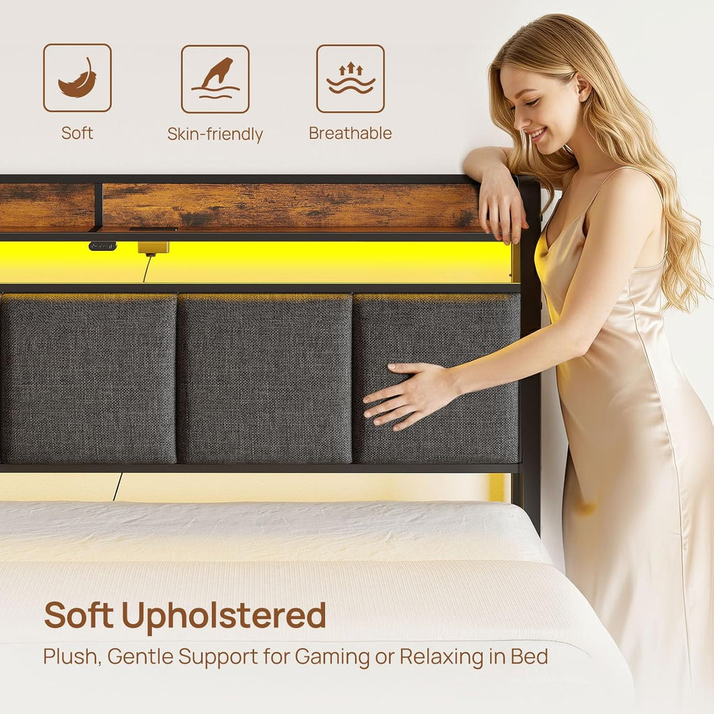 Rolanstar Bed Frame Full Size with Charging Station and LED Lights, Upholstered Storage Headboard with Drawers, Heavy Duty Metal Slats, No Box Spring Needed, Easy Assembly, Rustic Brown