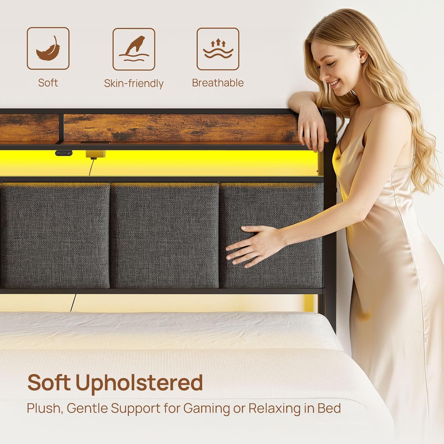 Rolanstar Bed Frame Full Size with Charging Station and LED Lights, Upholstered Storage Headboard with Drawers, Heavy Duty Metal Slats, No Box Spring Needed, Easy Assembly, Rustic Brown