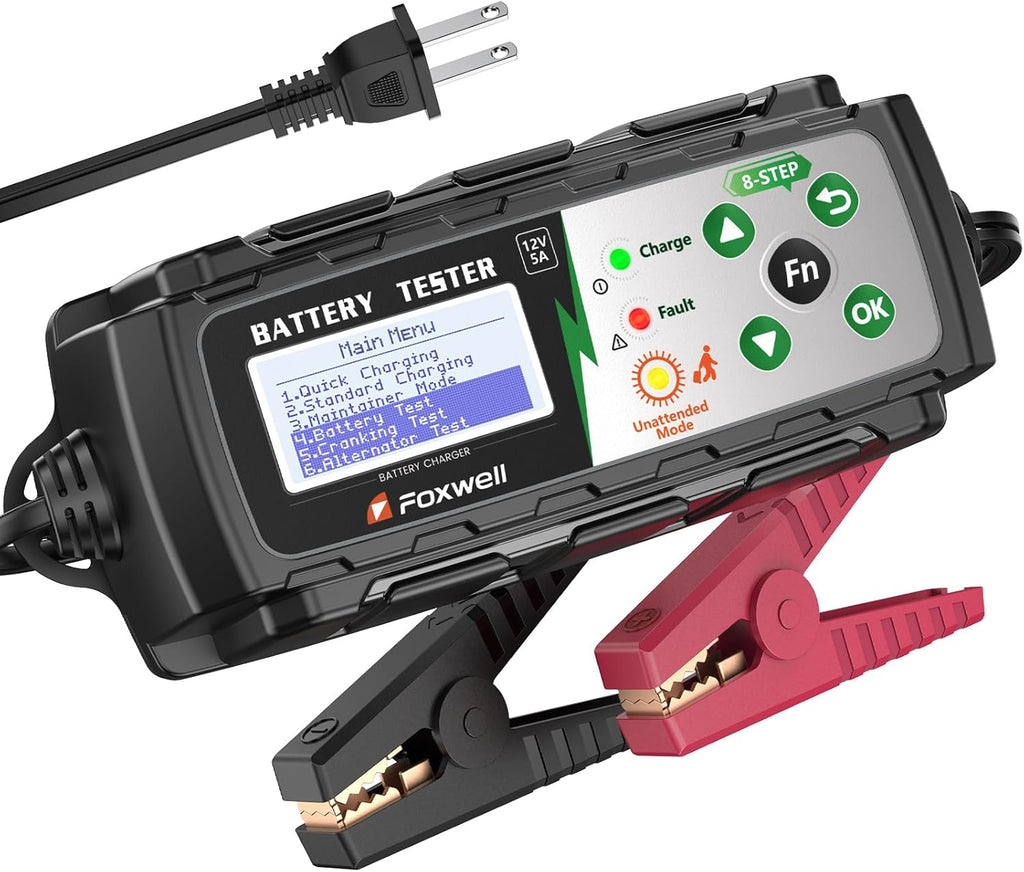 FOXWELL BC521 12V Car Battery Charger & Tester, 5A Smart 4-in-1 Battery Maintainer with Built-in Battery Test, Cranking & Charging System Test, Pulse Repair and Trickle Charge for Car, RV, Motorcycle