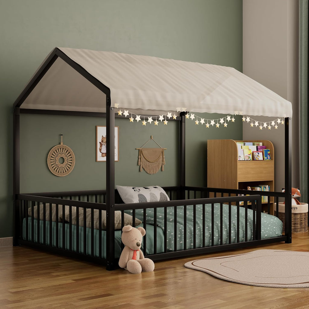 House Shape Full Size Montessori House Bed Metal Floor Bed Full Bedframe No Box Spring Needed, Black