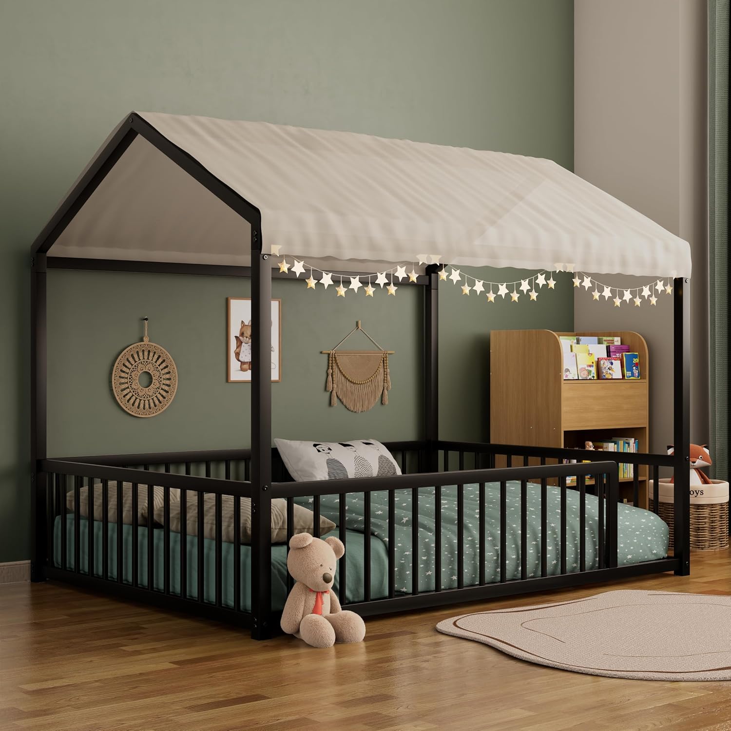 House Shape Full Size Montessori House Bed Metal Floor Bed Full Bedframe No Box Spring Needed, Black