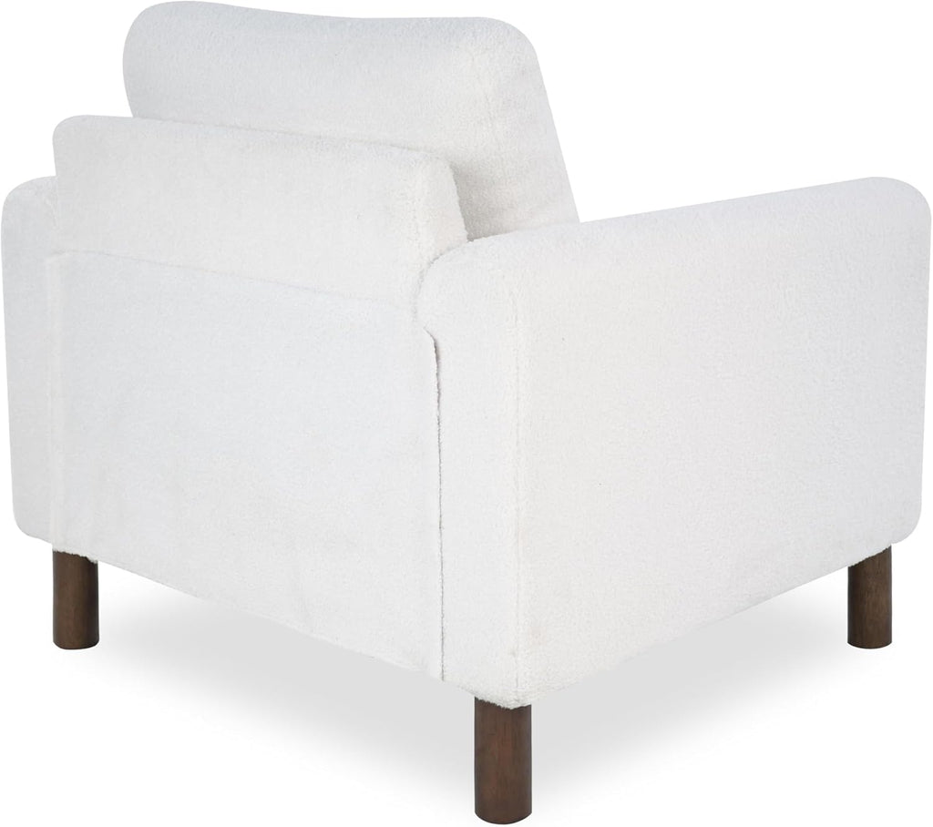 GDFStudio Teddy Fabric Accent Chair with Curved Armrests, Upholstered Single Sofa Chair with Walnut Wood Legs & Back Pillow, Comfy Reading Chair for Living Room Bedroom, White