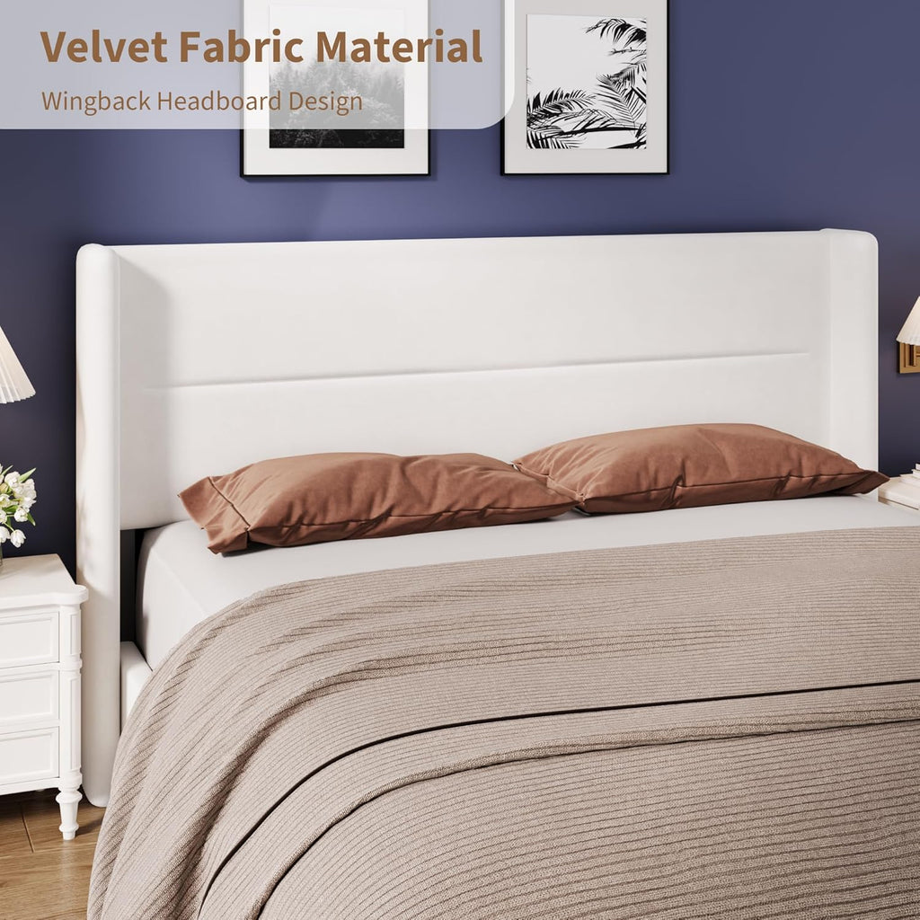 GAOMON King Size Bed Frame, Velvet Upholstered Platform Bedframe with Wingback Headboard, No Box Spring Needed, Wood Slats, Easy Assembly, White