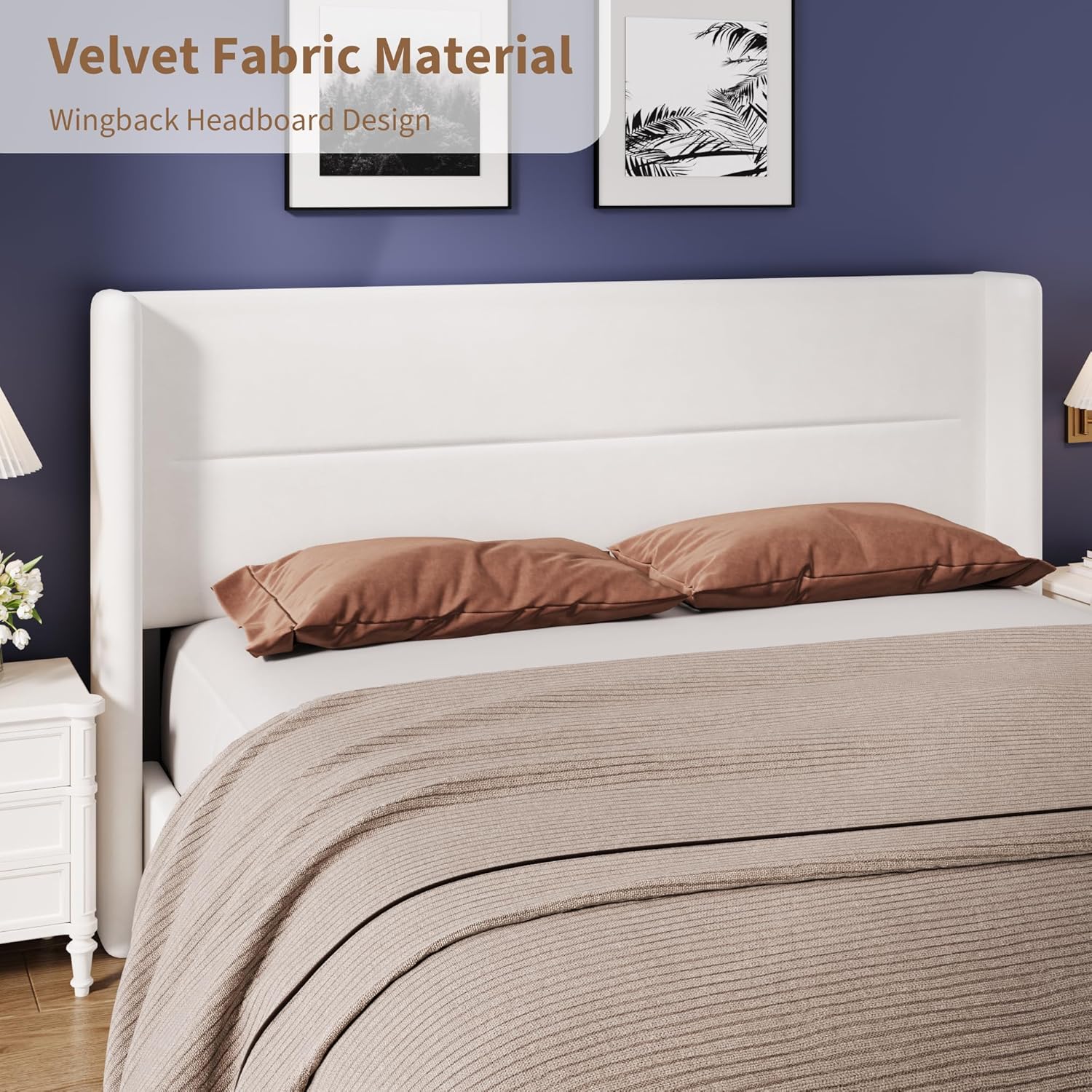 GAOMON King Size Bed Frame, Velvet Upholstered Platform Bedframe with Wingback Headboard, No Box Spring Needed, Wood Slats, Easy Assembly, White