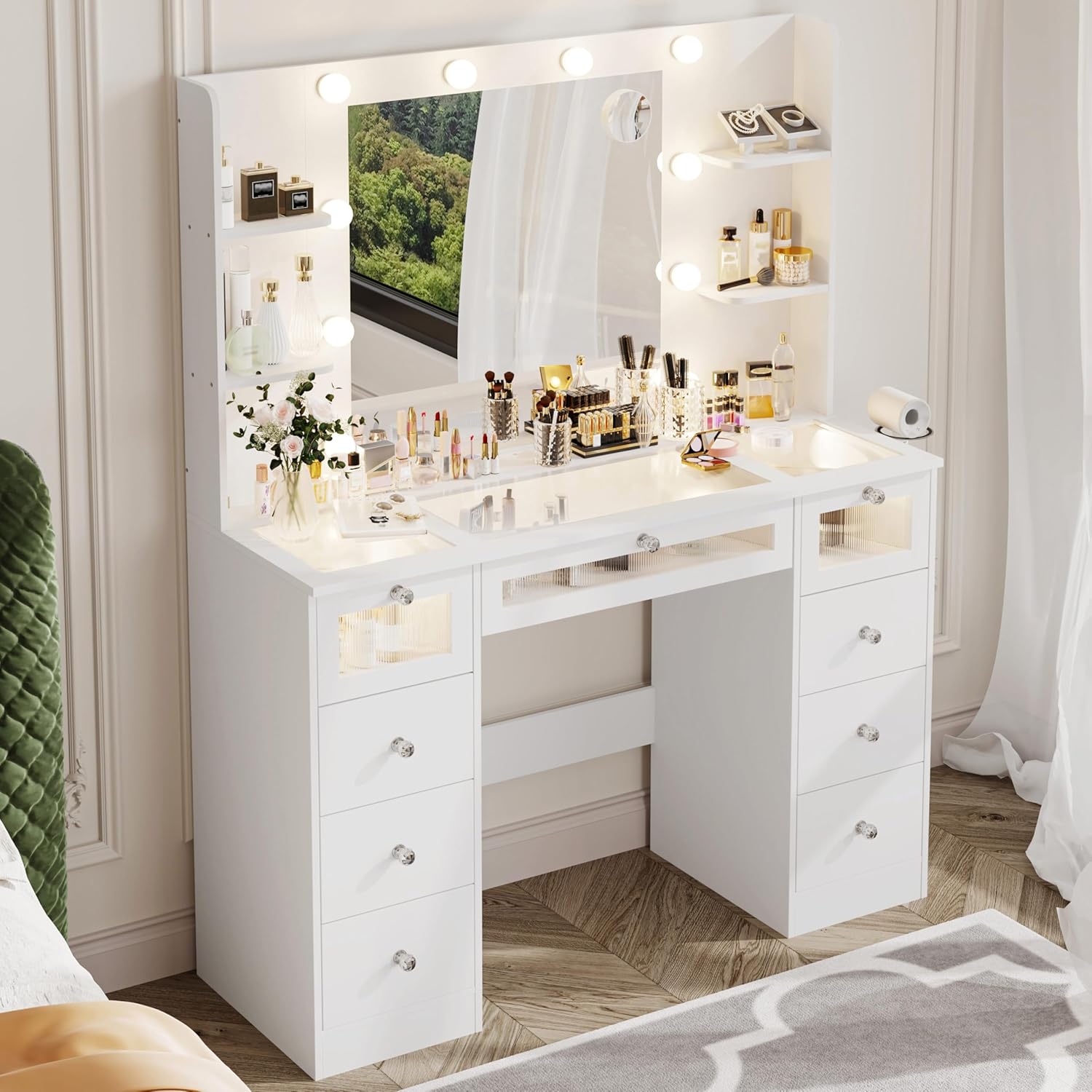 White Vanity with Lighted 23.5” Mirror, Glass Top Vanity Desk with 9 Drawers & 3 Color Hollywood Bulbs & 4 Shelves & Acrylic & Power Outlet, Makeup Desk Dressing Table for Bedroom