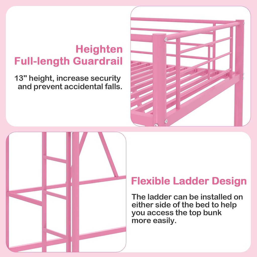 VECELO Loft Bed Twin Size, Metal Bedframe with Removable Ladder and Safety Guardrail, No Box Spring Needed, Space Saving, Noise Free, Light Pink