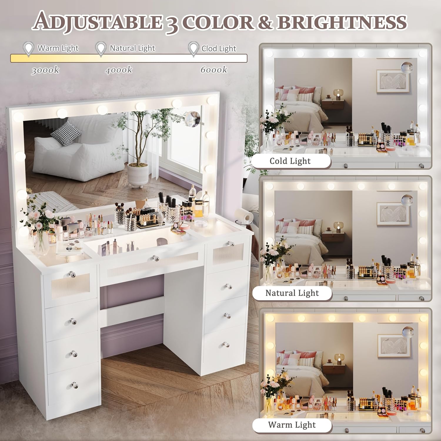 IFSEB Makeup Vanity Desk with LED Lights and Large 36.9'' Mirror, 9 Drawers Vanity with Glass Top & 3 Color Hollywood Bulbs, Make Up Vanity with Charging Station & Crystal Knobs for Woman, White